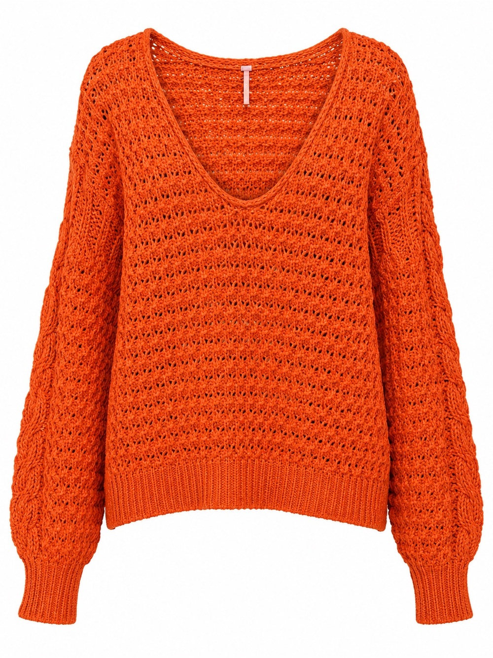 Free People Open-Knit V-Neck Sweater in Orange
